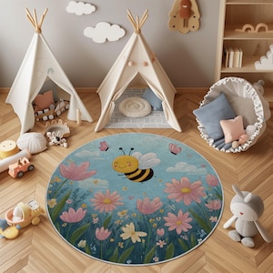 Happy Bee Kids Rug: Round Floral Nursery Carpet