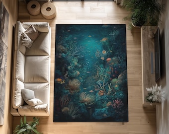 Underwater Coral Reef Rug: Marine Life, Ocean Theme - Leather or Puffy Base