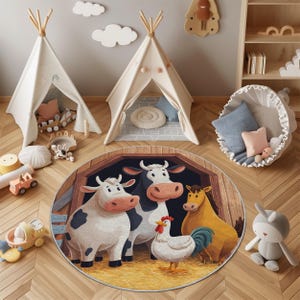 Farm Friends Animal Rug – Round Play Mat with Cow, Horse & Chicken for Kids