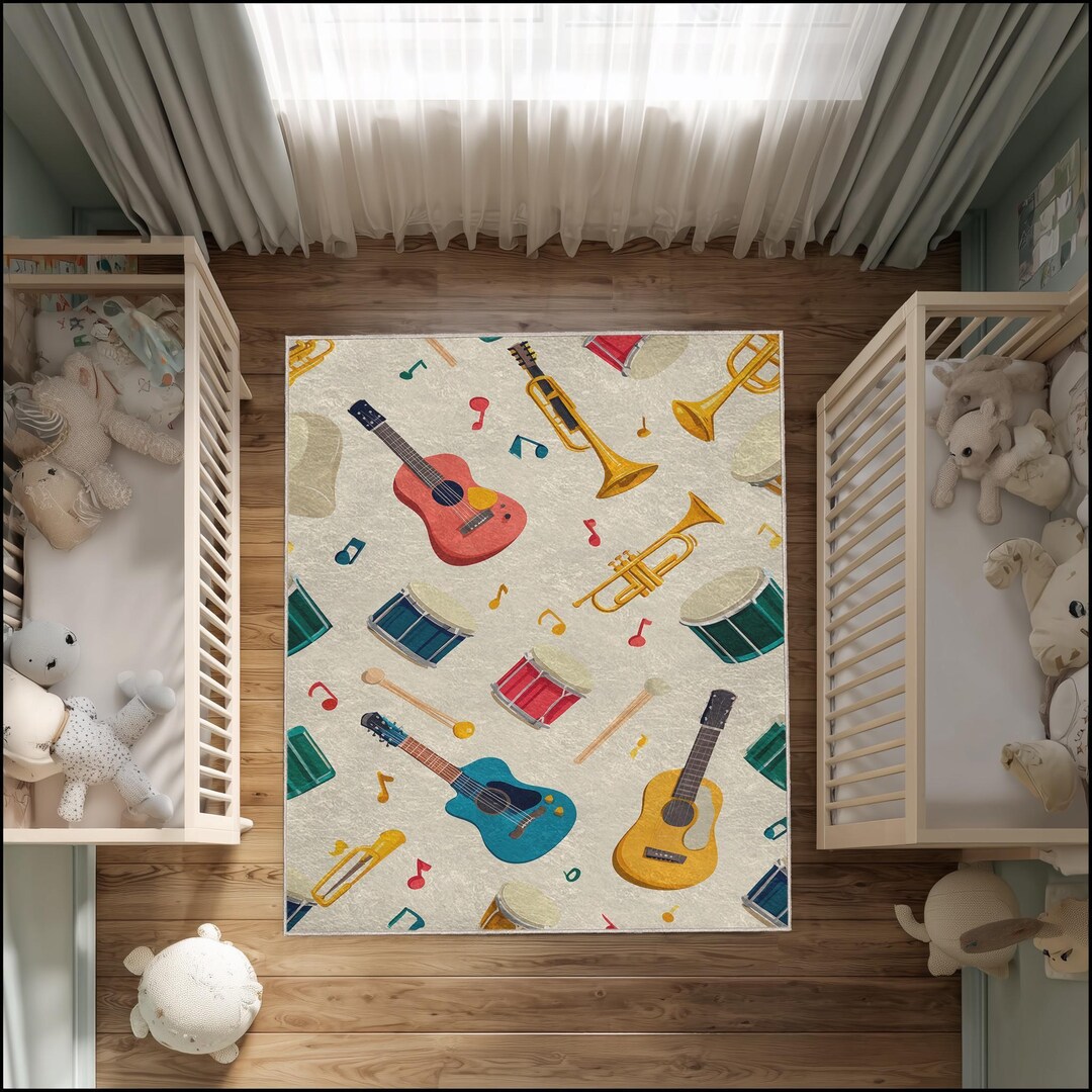 Musical Instrument Rug Cartoon Musical Instruments Nursery Rug: Colorful Kids Playroom Carpet ...