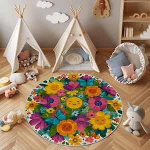 Floral Nursery Rug: Smiling Sunflowers & Butterflies, Washable Kids Playroom Decor