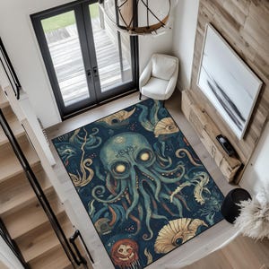 Cthulhu Ocean Velvet Rug: Dark Nautical Horror Decor