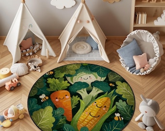 Kindergemüseteppich: Runder Spielteppich mit Mais, Karotte, Brokkoli