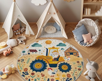 Farm Tractor Kids Rug: Round Barnyard Nursery Play Mat