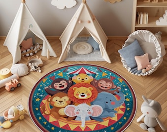 Zirkustier Kinderteppich: Waschbare Spieldecke, Kinderzimmer Deko