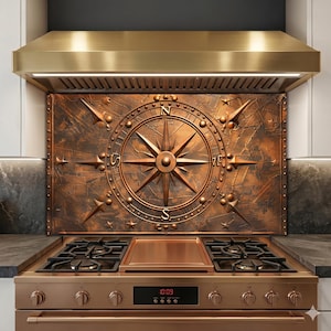 Compass Rose Glass Backsplash Rustic Copper Nautical Kitchen Wall Art Decor