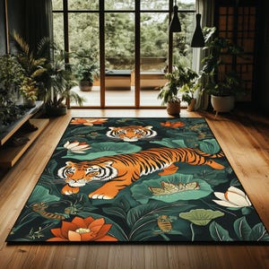 Bold Tiger Jungle Rug – Exotic Orange Tiger Design with Tropical Leaves & Flowers for Modern Living Room or Bedroom Decor