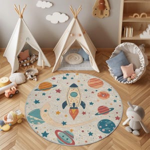 Round Space Rocket Rug – Cute Planets Theme for Kids Room | Galaxy Nursery Carpet | Non-Slip Washable Play Mat