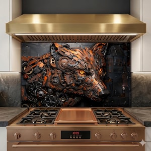 Puede incluir: Una placa para la cocina con una escultura detallada de una cabeza de lobo metálica. La obra de arte está construida con varios engranajes y piezas mecánicas, con ojos naranjas brillantes. La paleta de colores incluye tonos de marrón, negro y cobre, creando una estética industrial llamativa.