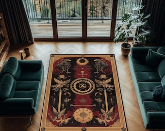 Gothic Okkulter Teppich: Schwarze & Rote Himmlische Raben und Monde