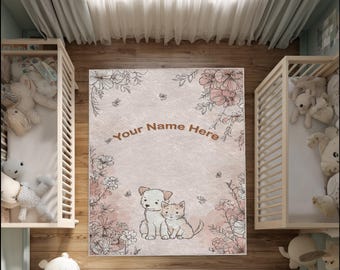 Personalized Nursery Rug: Puppy & Kitten Floral Decor, Washable