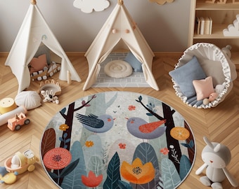 Runder Teppich für Kinderzimmer: Bunter Vogel- & Blumenspielteppich, Waschbar