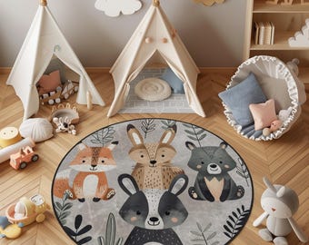 Woodland Animals Nursery Rug: Washable Velvet Kids Play Mat