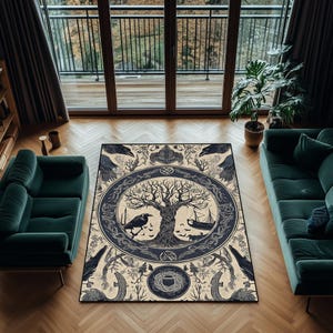 Nordic Tree of Life Rug: Yggdrasil, Ravens & Runes - Mythic Decor image 1