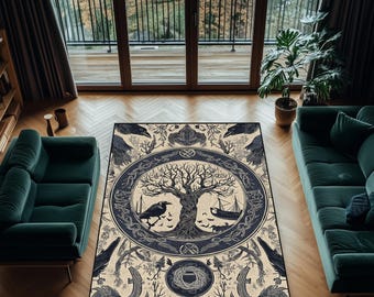 Nordic Tree of Life Rug: Yggdrasil, Ravens & Runes - Mythic Decor
