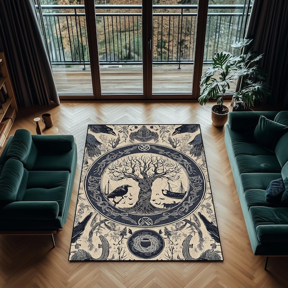 Nordic Tree of Life Rug: Yggdrasil, Ravens & Runes - Mythic Decor
