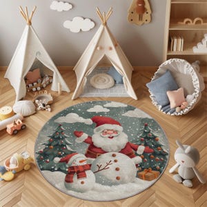Christmas Kids Rug: Santa & Snowman Nursery Decor - Leather or Puffy Base