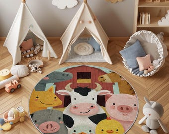 1 Kinderteppich mit niedlichen Bauernhoftieren: Weiche, waschbare Spieldecke - Kuh, Schwein, Huhn