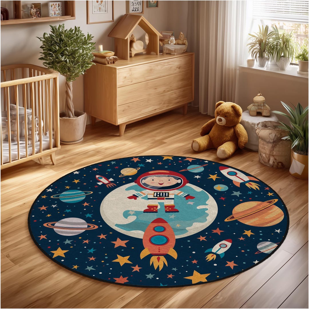 Rocket Circular Rug Space Nursery Rug: Round Astronaut Rocket Play Mat, Washable Kids ...