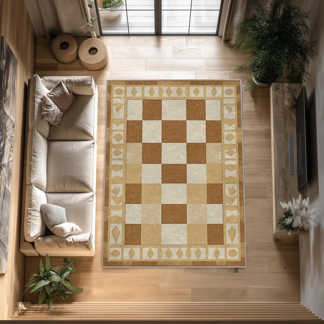 Checkboard Rug Pattern Seamless Geometric Checkerboard Rug in Warm Beige and Caramel Tones, Modern ...