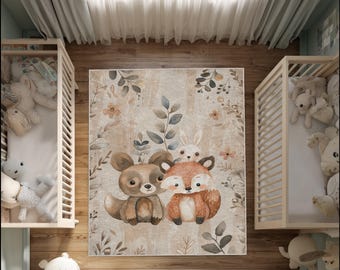 Tapis pour chambre d'animaux des bois – renard, ours et lapin, détails floraux