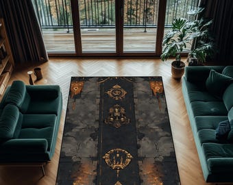 Dark Steampunk Gear Rug: Black & Gold Washable Living Room Carpet