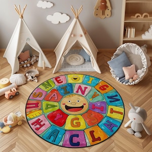 Runder Kinderteppich mit bunten Buchstaben, lernfähiger Teppich für Baby- und Spielzimmer, lustiger Lernteppich für Kinder