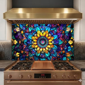 Colorful Mandala Glass Backsplash Stained Glass Style Kitchen Wall Art