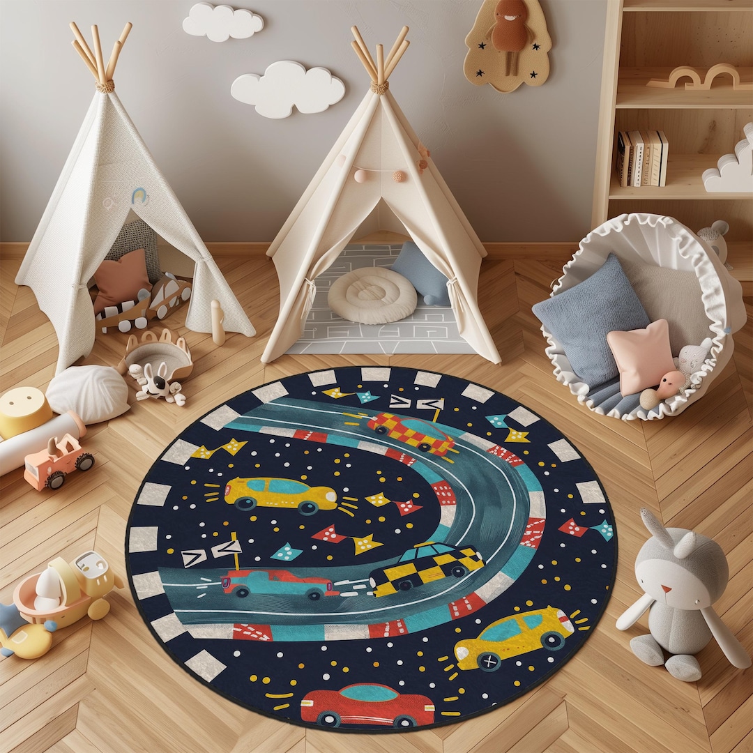 Race Car Track Rug: Kids Playroom Decor, Washable Leather Base - Etsy