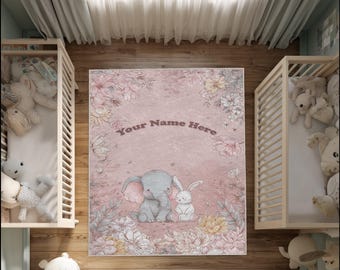 Personalized Nursery Rug: Elephant & Bunny Floral Carpet, Washable