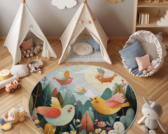 Bunte Vögel Rund Teppich: Wunderliche Kinderzimmer Spielmatte, rutschfest, waschbar