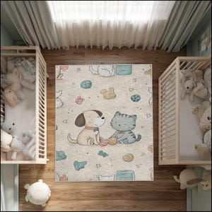 May include: A beige rug with a cartoon dog and cat illustration. The dog is light brown with a dark brown ear and the cat is gray with blue stripes. The rug has a pattern of toys and food bowls. Two cribs are on either side of the rug.