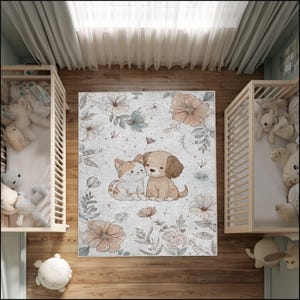 Cat and Dog Nursery Rug – Soft Floral Carpet for Baby Room and Toddler Bedroom Decor