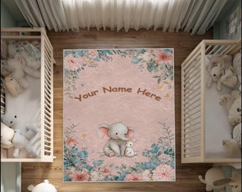 Personalisierter Elefant & Hase Kinderzimmer Teppich: Rosa Geblümter Babyzimmer Teppich