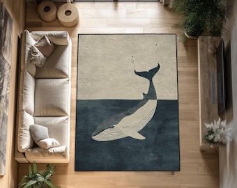 Minimal Whale Area Rug | Modern Coastal Living Room Decor | Large Nautical Ocean Art Carpet