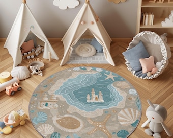 Küstenstrand Runder Teppich, Sandburg Ozean Spielmatte, Kinderzimmer Dekor