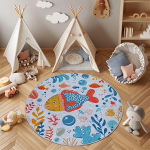 Round Fish Theme Kids Rug – Colorful Ocean Play Mat for Toddlers | Underwater Nursery Carpet | Washable & Non-Slip