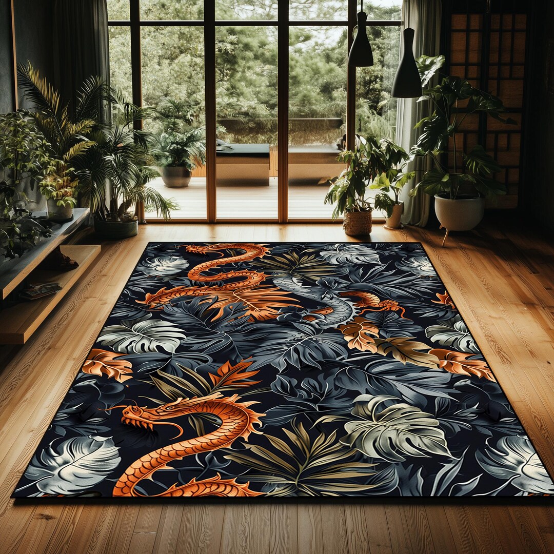 Dragon Small Rug Tropical Dragon Rug – Bold Black Carpet With Orange & Gray Mythical ...