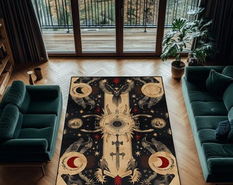 Mystischer Gothic Teppich - Himmlischer Mond, Sonne & Schwert Design