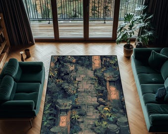 Jungle Temple Rug: Washable Stone Path Carpet, Fantasy Home Decor
