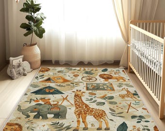 Safari Nursery Rug: Jungle Animals Kids Playroom Carpet