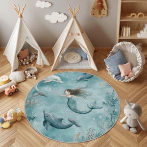 Mermaid Nursery Rug: Ocean Theme Kids Play Mat, Washable Non-Slip