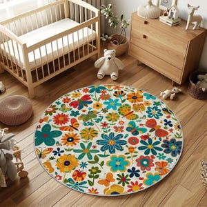 Round Floral Rug for Kids Room – Colorful Flowers and Butterflies Design – Soft Play Mat for Nursery, Toddler or Baby Girl Room