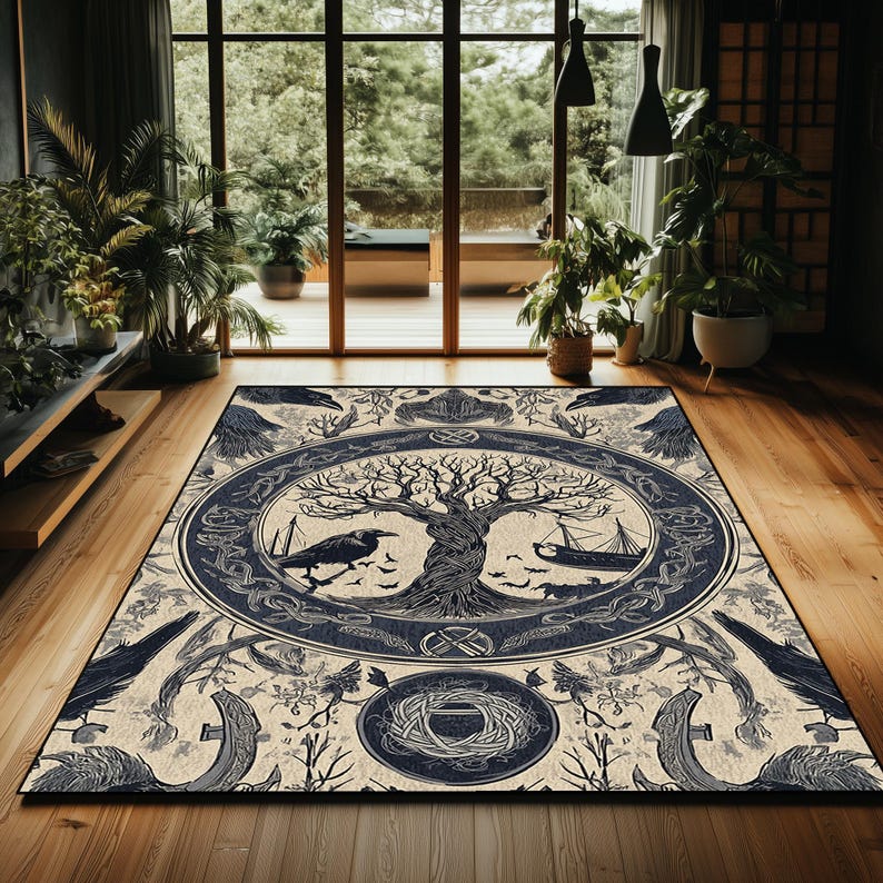 Nordic Tree of Life Rug: Yggdrasil, Ravens & Runes - Mythic Decor image 2