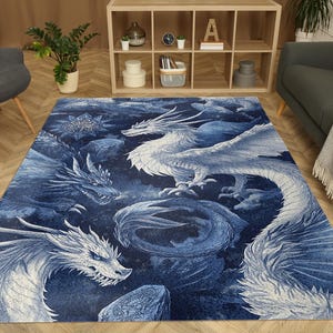 Ice Dragon Fantasy Rug – Blue Mythical Creature Design – Non-Slip Velvet Carpet for Living Room, Gaming Setup or Studio Decor