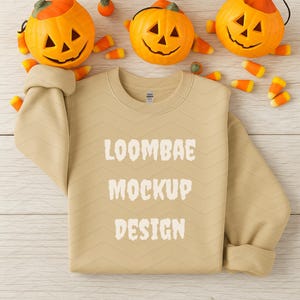 Sand Gildan 18000 Mockup, Halloween Sweatshirt Mock up, Gildan 18000 Folded Sweatshirt Sand, Autumn or Halloween season,Sand Crewneck Mockup
