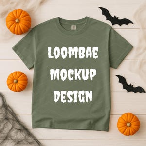 Comfort Colors C1717 Moss Flat Lay Halloween Mockup, CC1717 Moss Shirt Mockup, 1717 Flatlay Mockup, Halloween T-Shirt Mockup