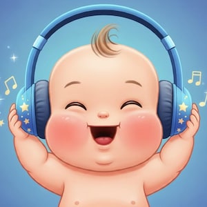 Può includere: Illustrazione di un bambino sorridente con cuffie blu con dettagli di stelle e note musicali. Il bambino ha le guance rosee ed è circondato da note musicali e scintille su sfondo blu.