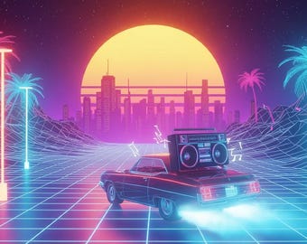 May include: A retro-style digital art piece featuring a black convertible car with a boombox on top, driving on a grid road. Palm trees and city skyline are in the background, with a vibrant sunset and neon lights.