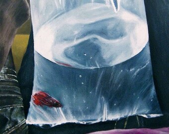 MORIMOTO Betta Japanese Fighting Fish Bag Blue Original Oil Painting Animal Art Square Canvas Sarah Smith